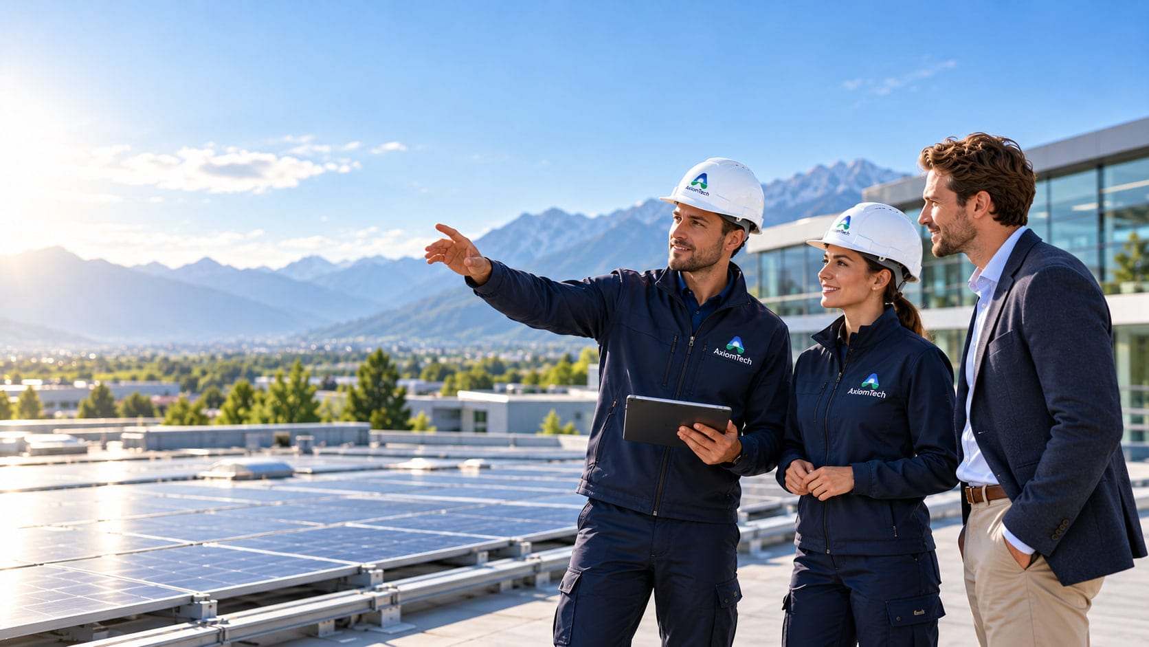 Un tecnico AxiomTech illustra a una collega e a un cliente l’impianto fotovoltaico installato sulla copertura di un edificio aziendale