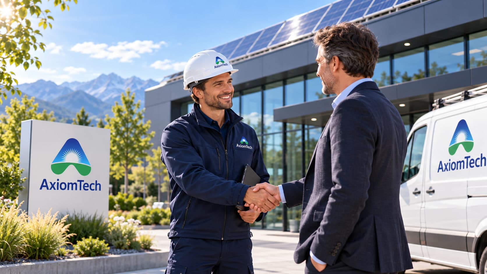 Stretta di mano tra un tecnico AxiomTech e un partner davanti a un edificio con impianto fotovoltaico