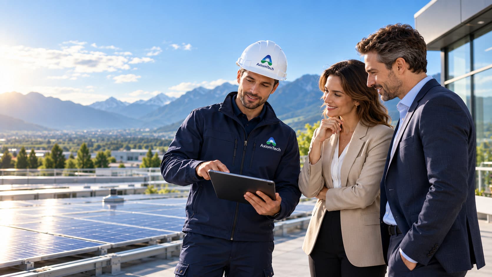 Un tecnico AxiomTech mostra su tablet il progetto dell’impianto fotovoltaico a due clienti sulla copertura