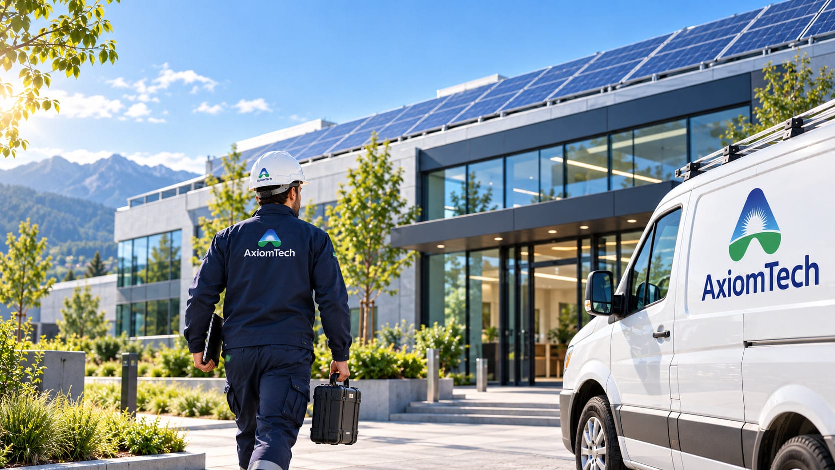 Un tecnico AxiomTech raggiunge un edificio aziendale con impianto fotovoltaico in copertura