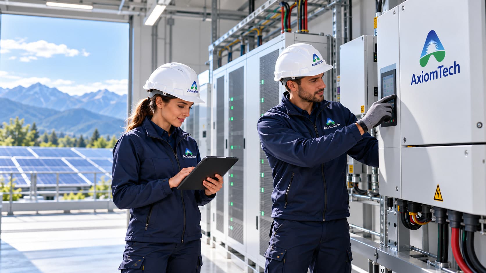 Due tecnici AxiomTech verificano i parametri di un quadro elettrico in un locale tecnico